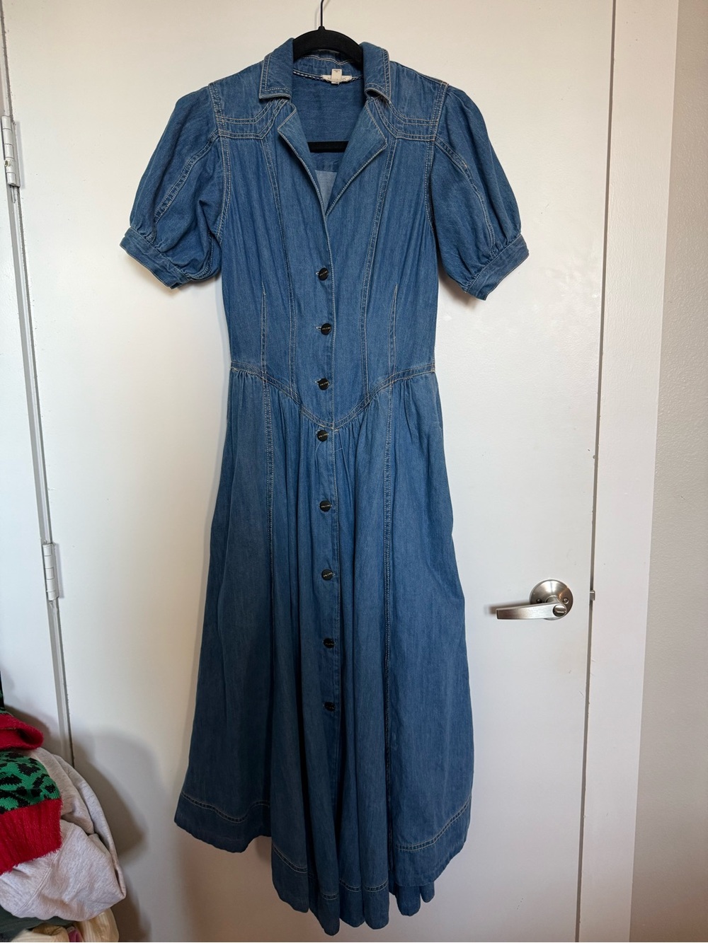 Pilcro Blue Denim Maxi Dress with Puff Sleeves